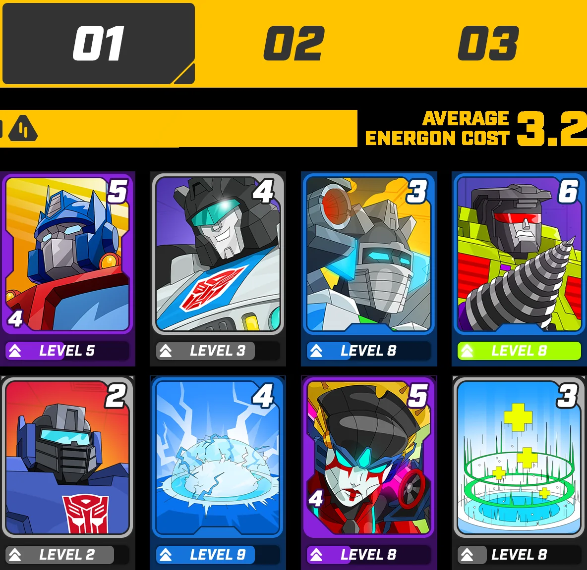 A Transformers: Tactical Arena squad loadout screen showing eight character and ability cards, each with an energon cost in the top corner and a level badge underneath, above a header reading average energon cost 3.2