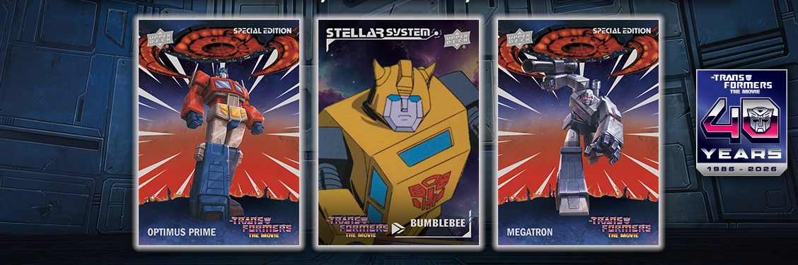 Three Upper Deck Transformers cards side by side: an Optimus Prime Special Edition card and a Megatron Special Edition card, both on red starburst backgrounds, flanking a Bumblebee Stellar System insert on a galaxy backdrop, beside a Transformers The Movie 40 Years 1986 to 2026 badge.